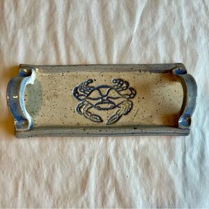 Vintage Handmade Stoneware Pottery Butter Trinket Tray 'Blue Crab Motif'